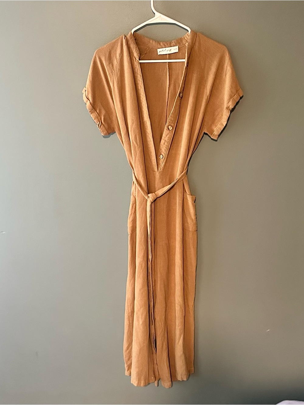 Petal & Pup Tan Button-Front Maxi Dress with Tie Belt